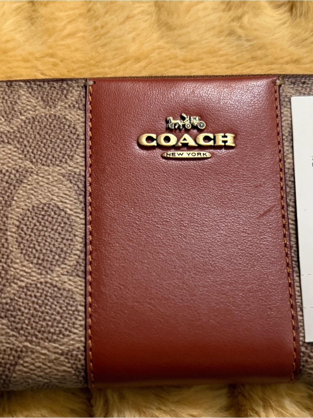 Coach Signature Canvas and Chestnut Leather Wallet with Gold Logo
